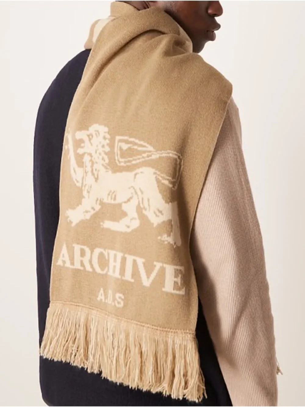 ASOS DESIGN knit Archive graphic scarf in neutral lion